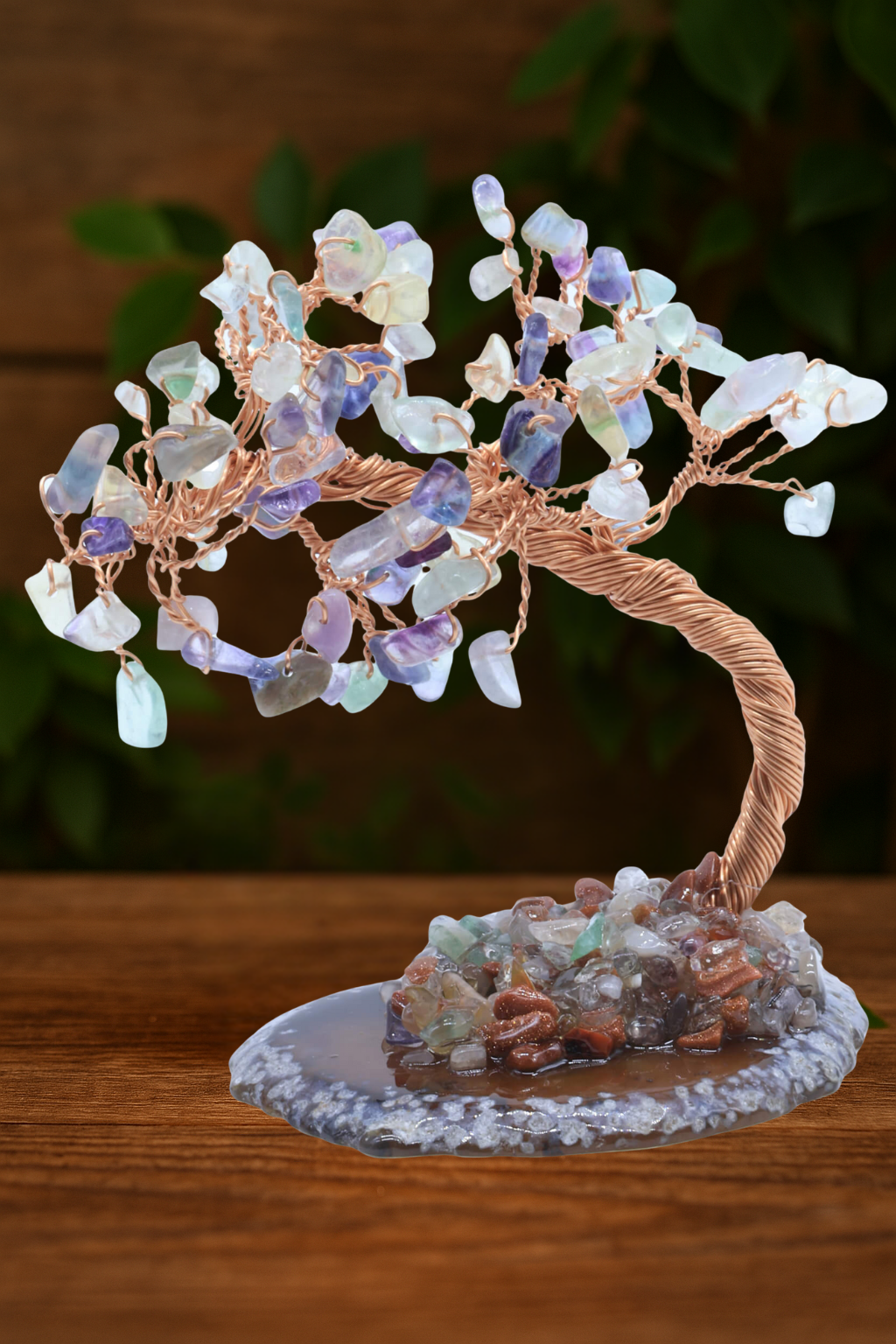 Arbre du Bonheur Fluorite sur Tranche d’Agate – 12 cm