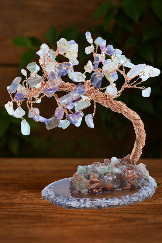 Arbre du Bonheur Fluorite sur Tranche d’Agate – 12 cm