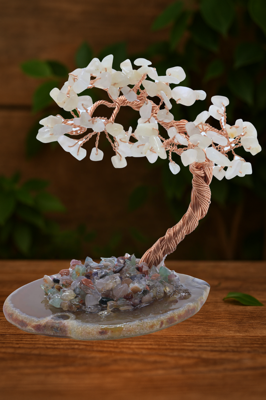 Arbre du Bonheur Pierre de Lune sur Tranche d'Agate