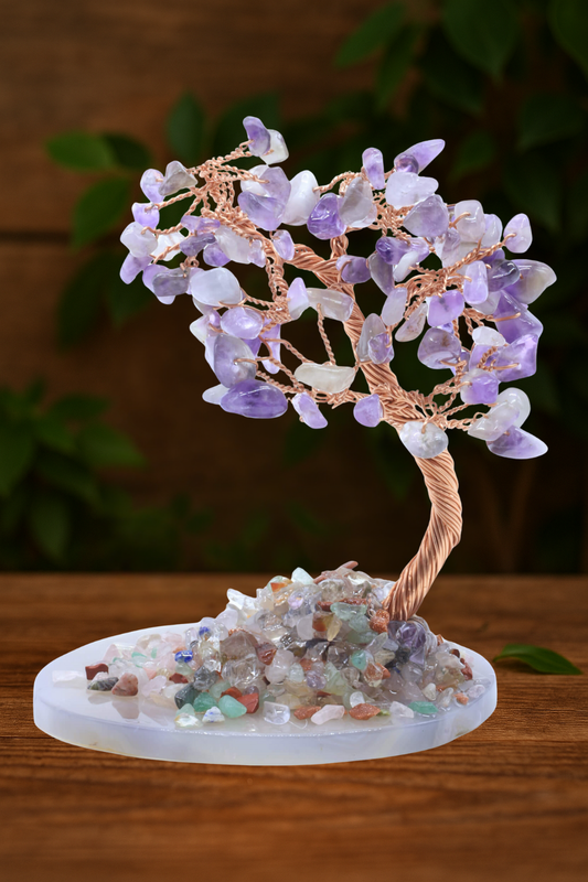 Arbre du Bonheur Améthyste sur Tranche d’Agate – 12 cm