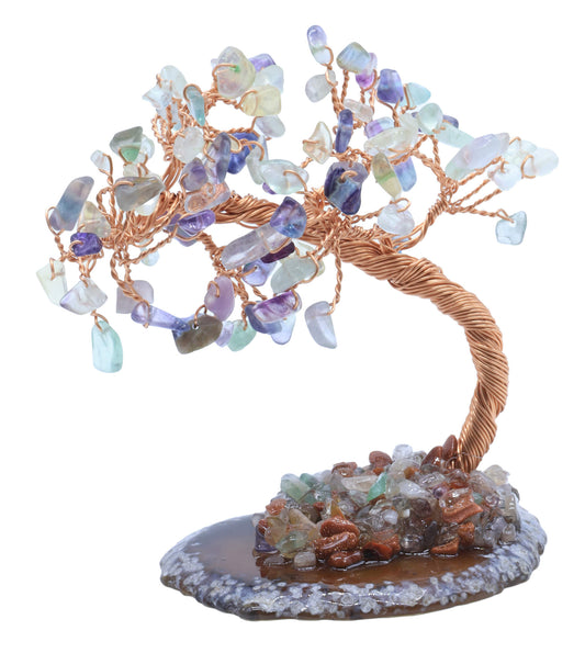 Arbre du Bonheur Fluorite sur Tranche d’Agate – 12 cm